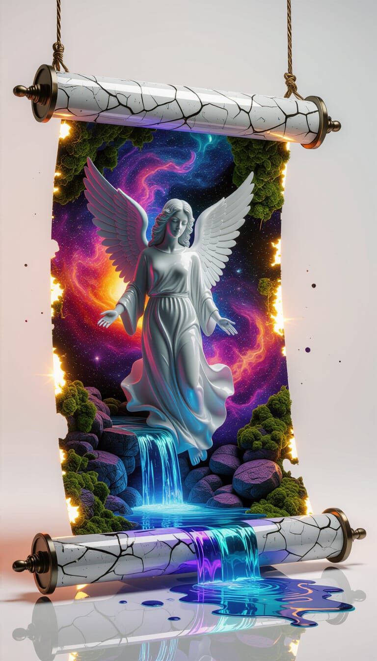 Cosmic Angelic Figure on Ethereal Scroll