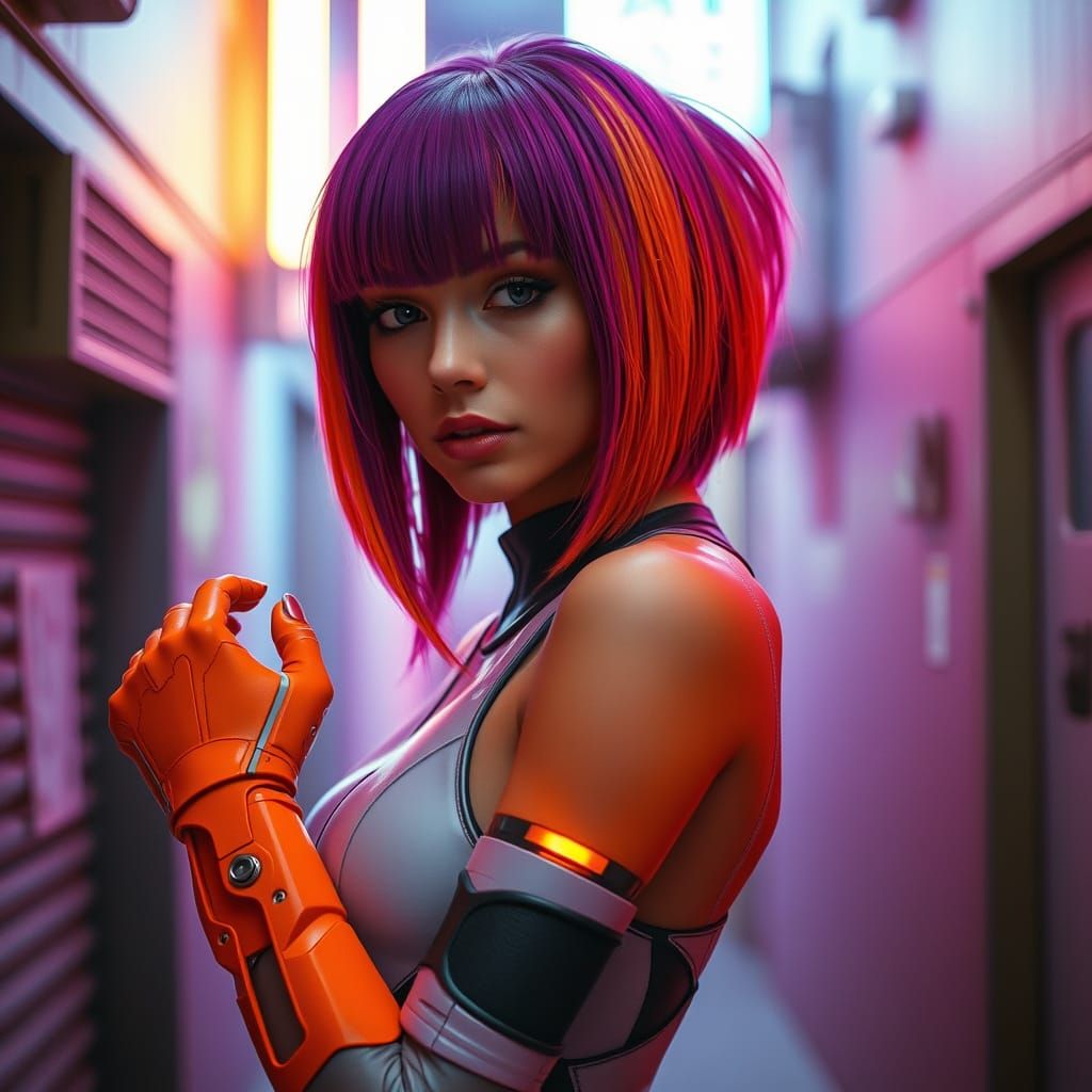 Cyberpunk Goddess in Neon Alleyway