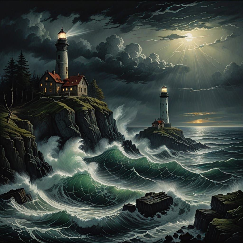 Lighthouse on Stormy Sea Under Aurora Borealis