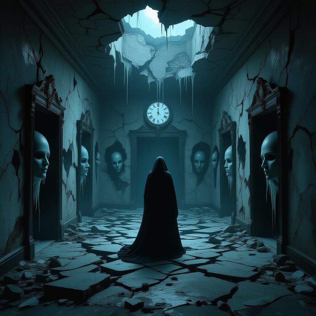 Nightmarish Room with Warped Reality in Dark Horror Style