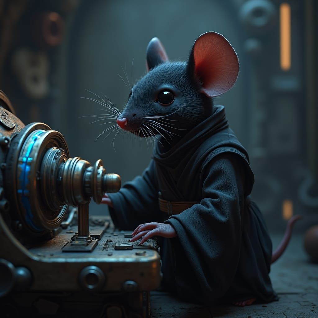 Padawan Mouse Operates Levers in Sci-Fi Scene