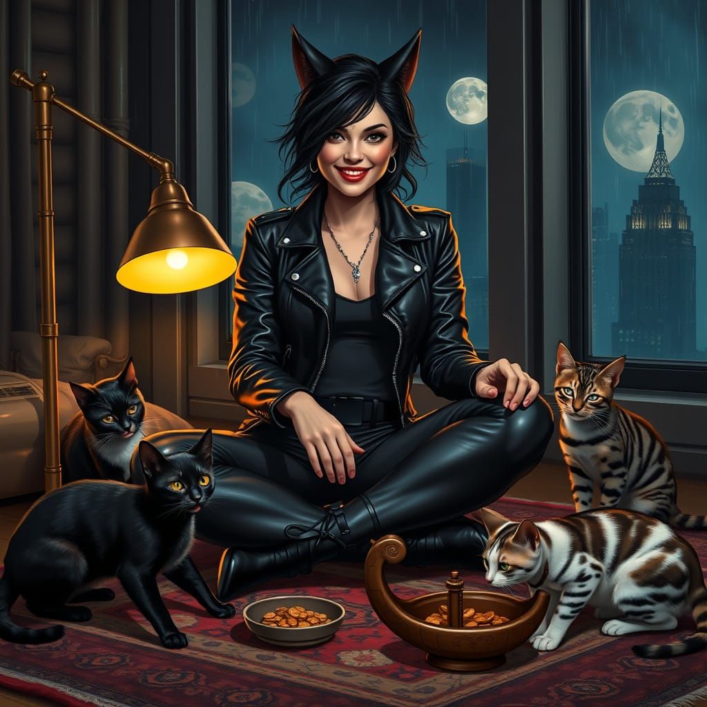 Gotham Catwoman's Whimsical Moment with Her Feline Friends
