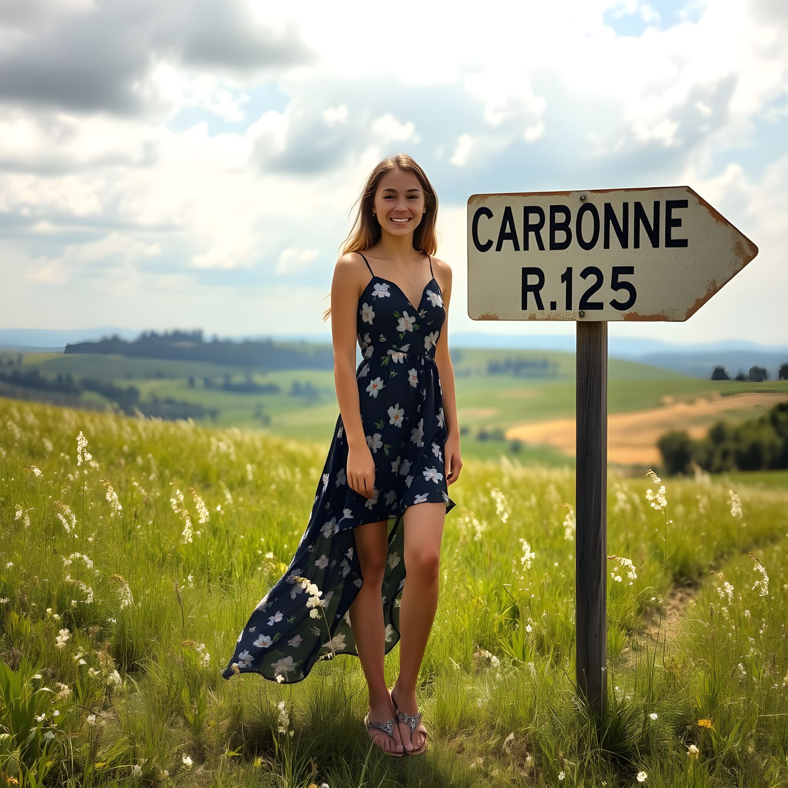Young Woman Stands Beside Road Sign in Rural Landscape, Wear...