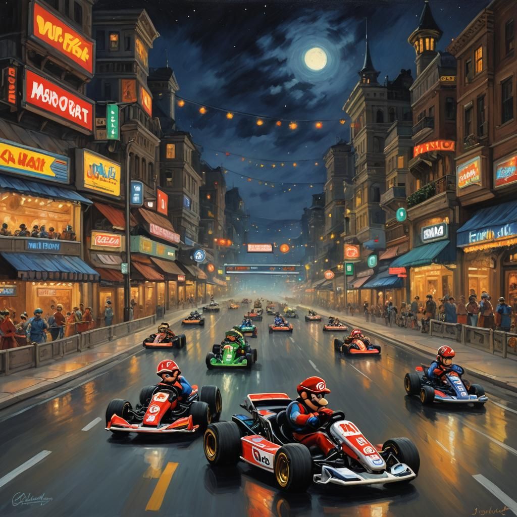 Mario Kart Night Race in Oil Painting Style