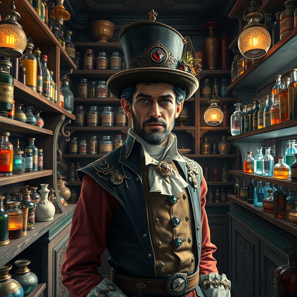 Detailed Apothecary with Colorful Potions, Hyperrealistic Il...