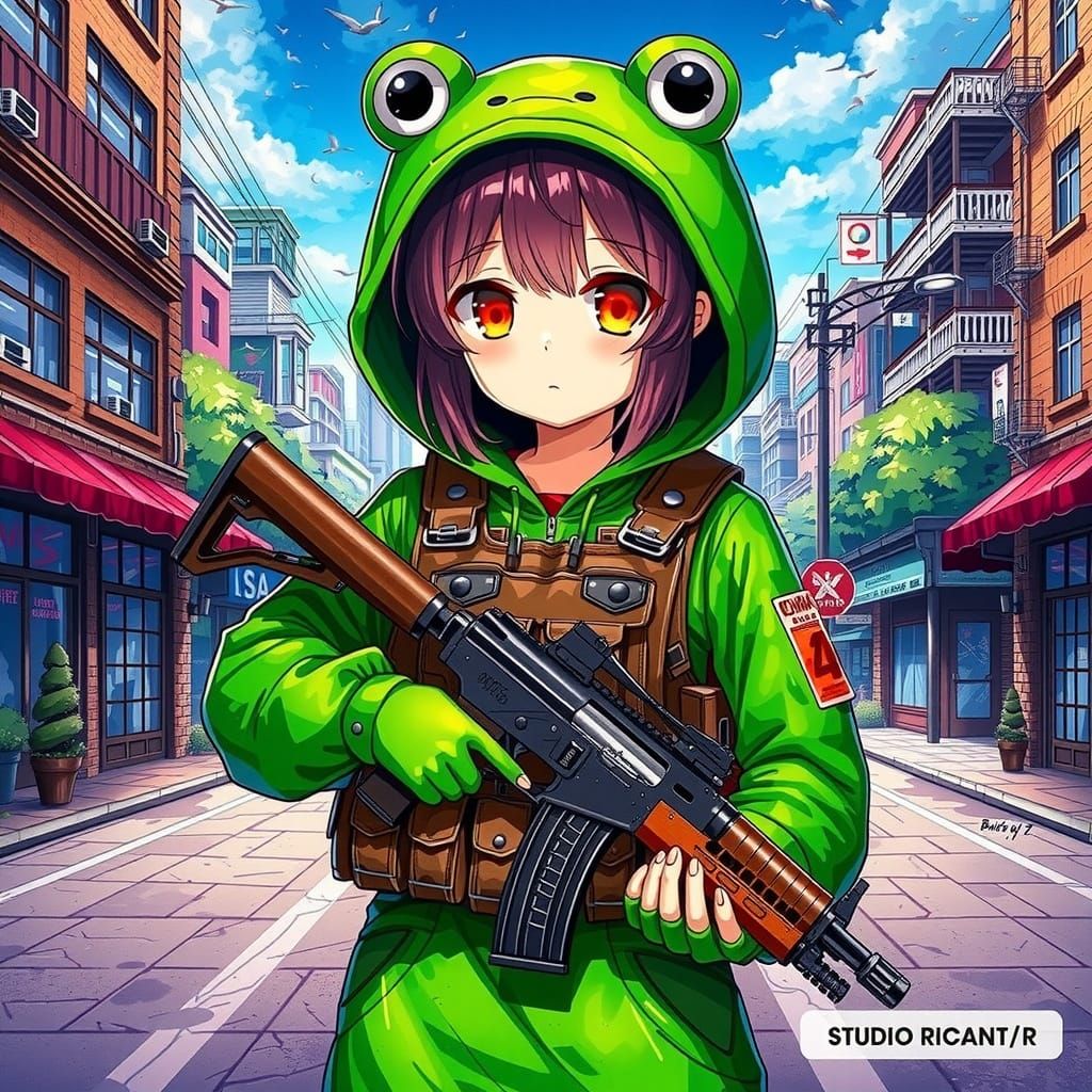 Anime Girl Frog Kigurumi Adventurer in Cityscape