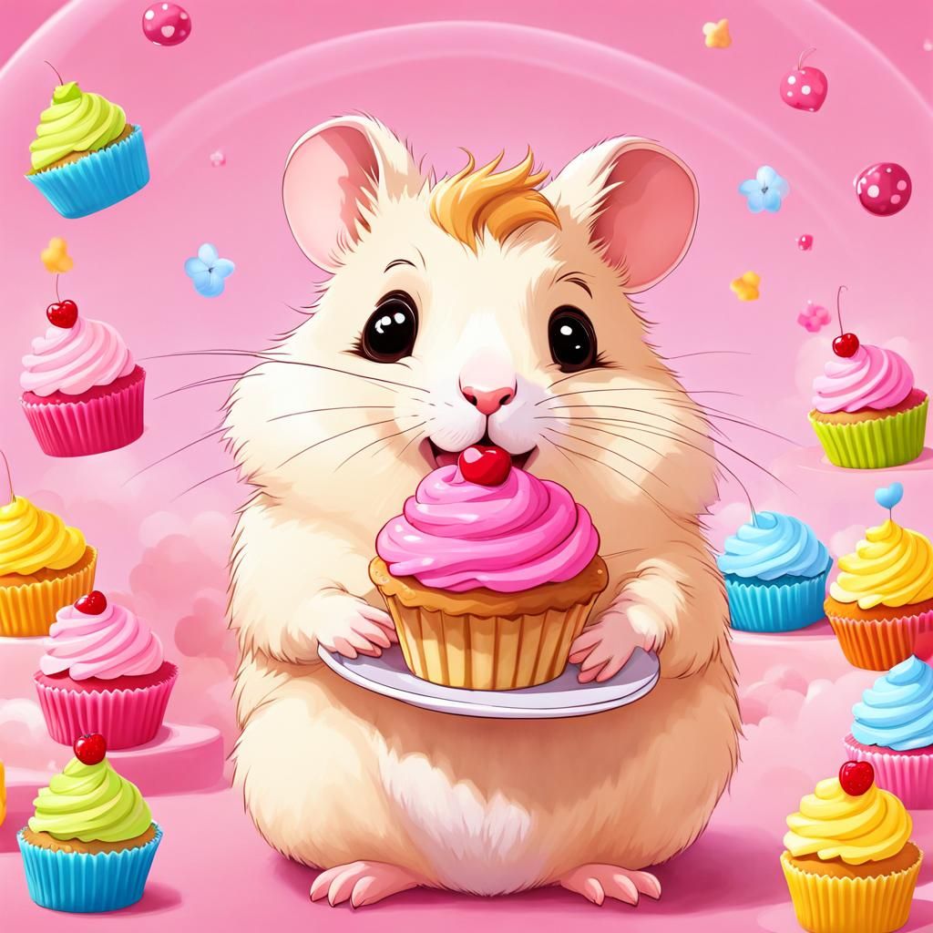 Cute Hamster Eating Cupcake in Rainbow Heaven
