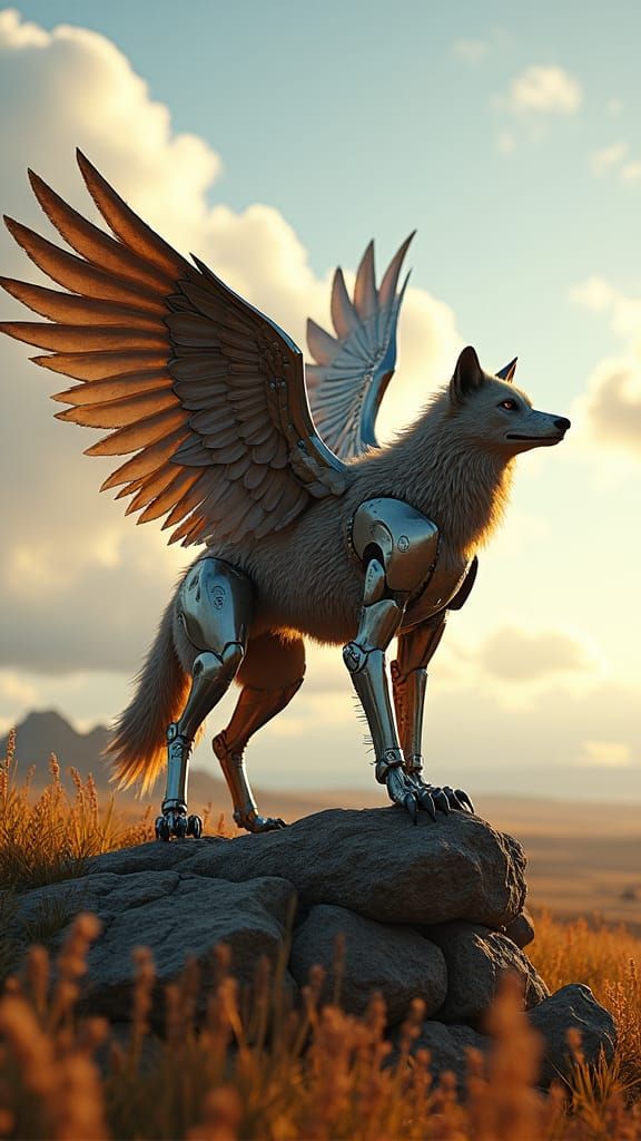 Cybernetic Wolf-Eagle Hybrid on Rocky Steppe