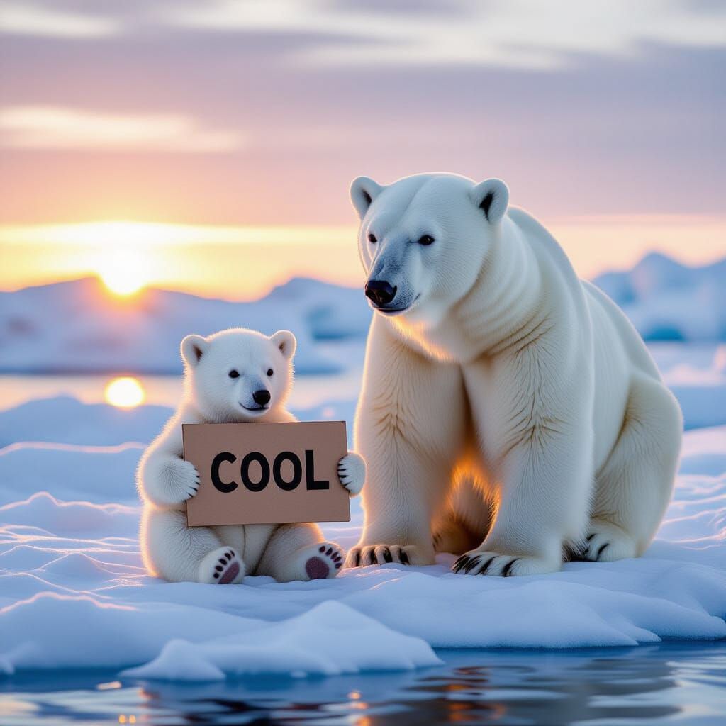 Polar Bear Cub Holds "COOL" Sign in Arctic Golden Hour