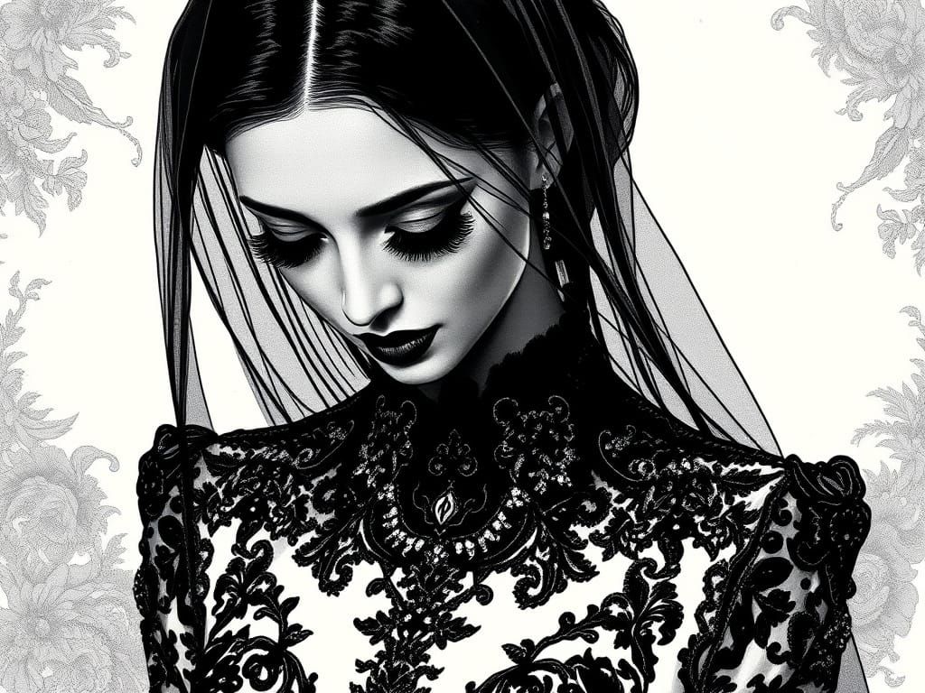 Mourning Woman in Black Formal Gown