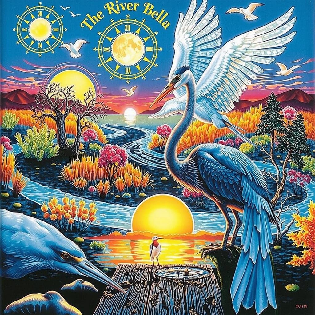 Dreamlike River Delta at Sunset with Heron