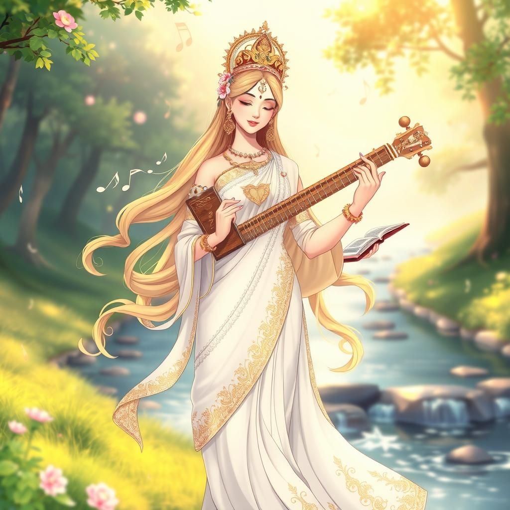 Saraswati: Goddess of Knowledge in Anime Style
