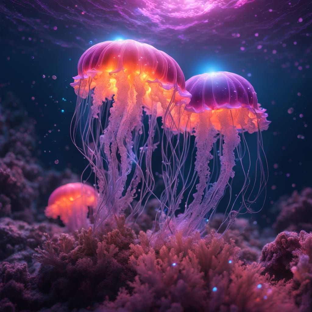 Vibrant Underwater Cosmos with Luminous Jellyfish