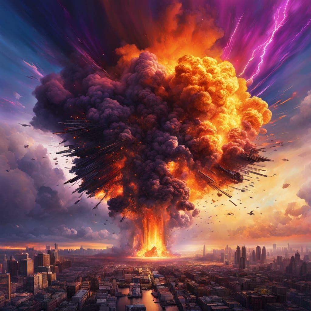 Atomic Bomb Explosion in City, Hyper-Realistic Digital Art