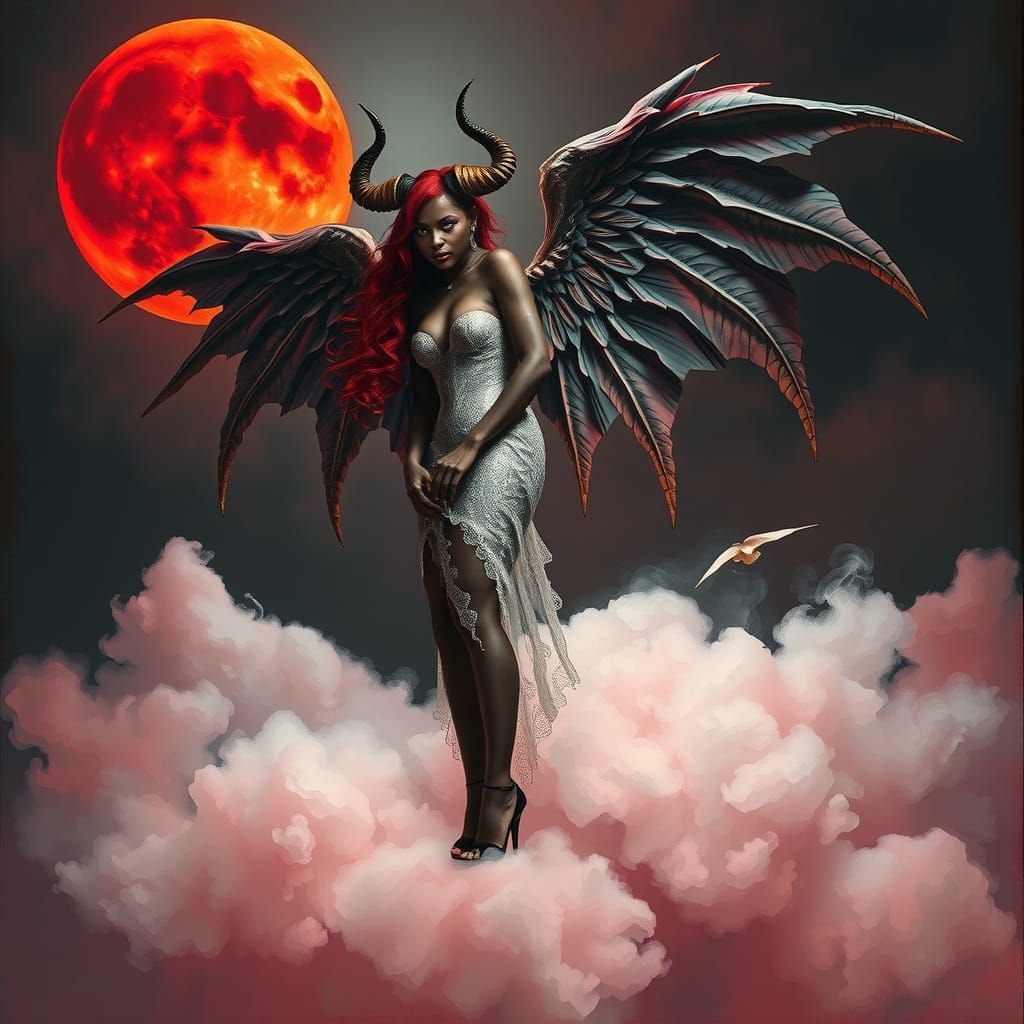 Demonic Angel on Candyfloss Cloud in Gothic Style