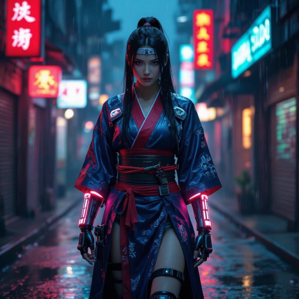 Cyberpunk Ninja in Neon Rainy Alley