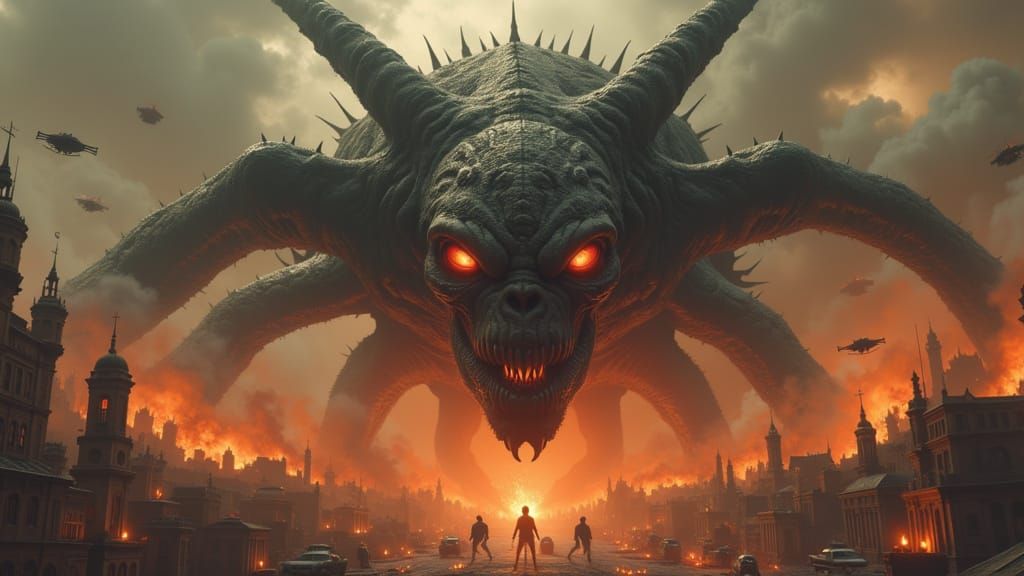 Eldritch Alien Monster Over Burning City