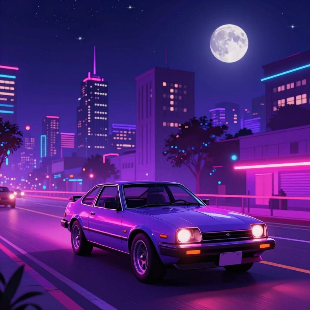 Neon 80s Cityscape with Retro Sports Car