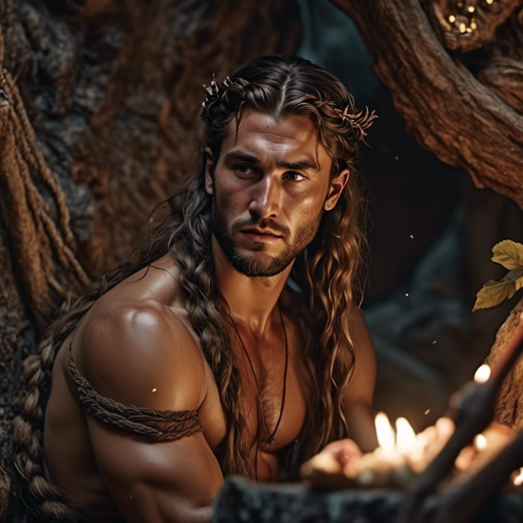 Dionysus in Firelit Cave, Hyperrealistic Image