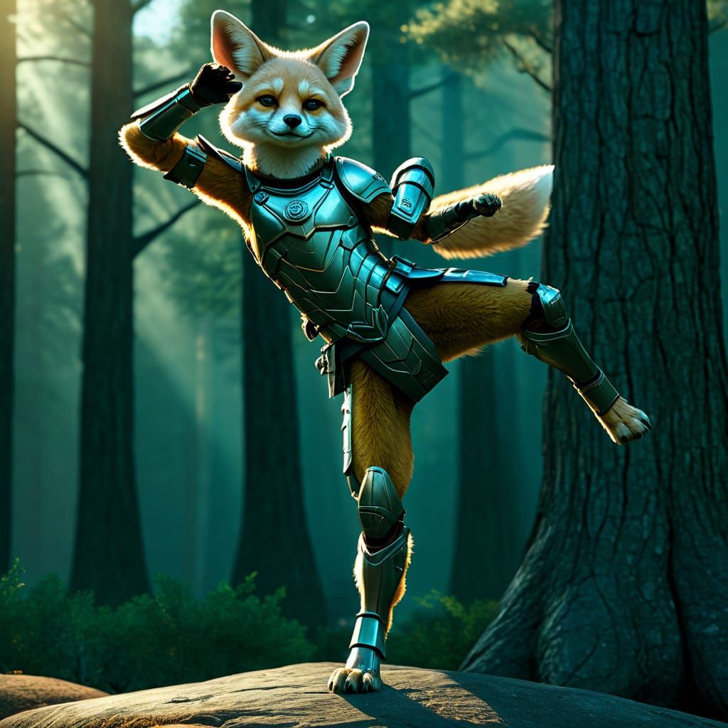 Armored Fennec Fox Dancing in Yosemite, Vibrant Digital Art