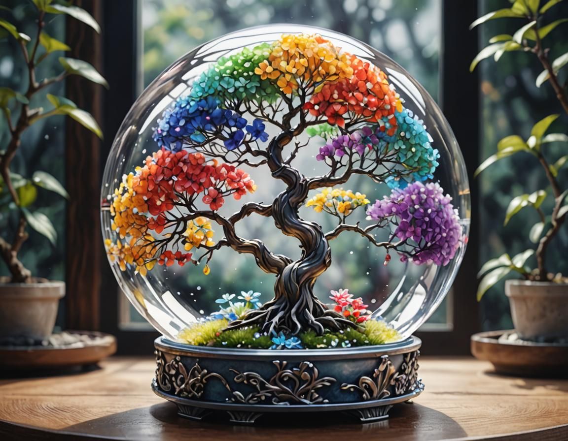 Glass Bonsai Tree with Swarovski Flowers in Watercolor