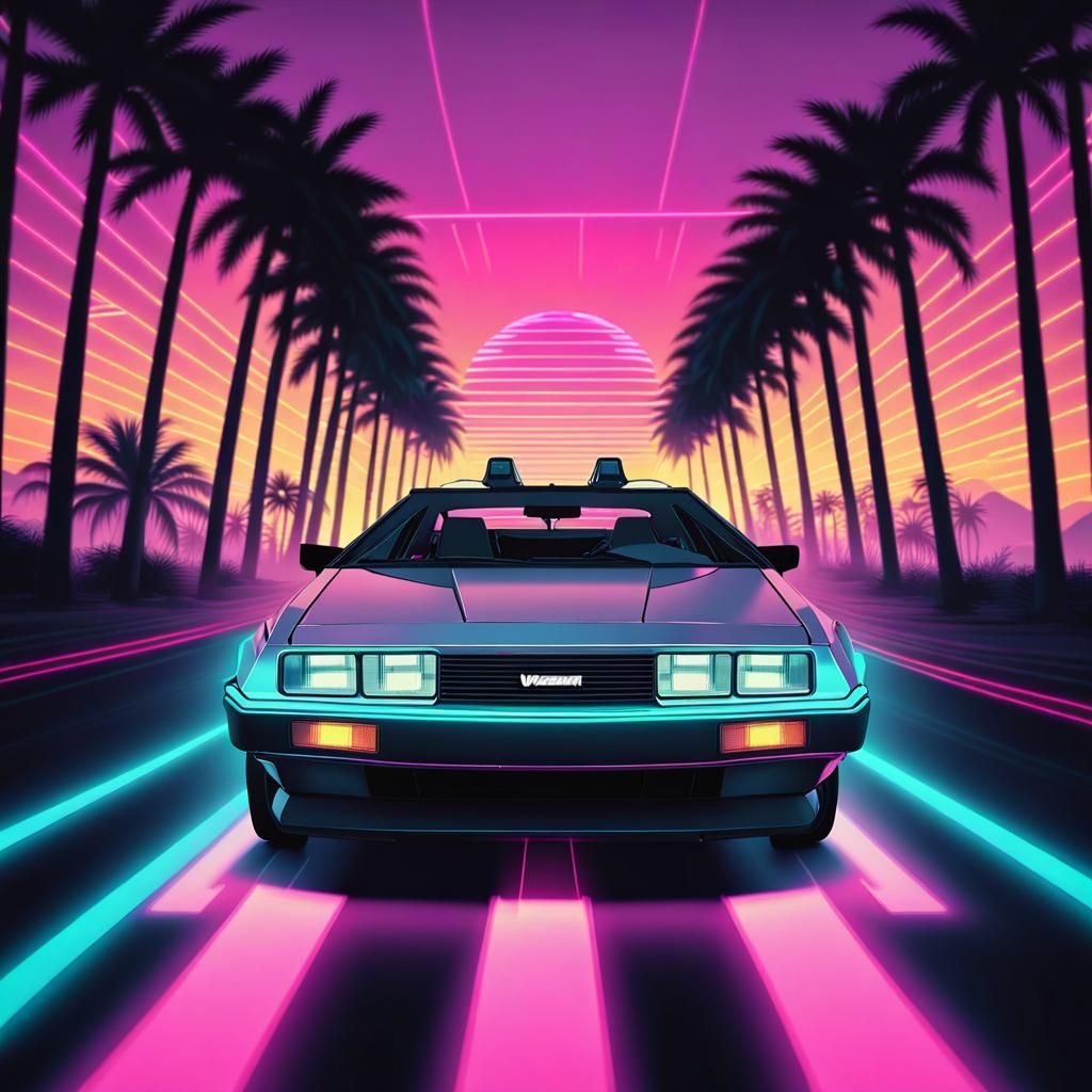 Vaporwave DeLorean Races Through Vice City