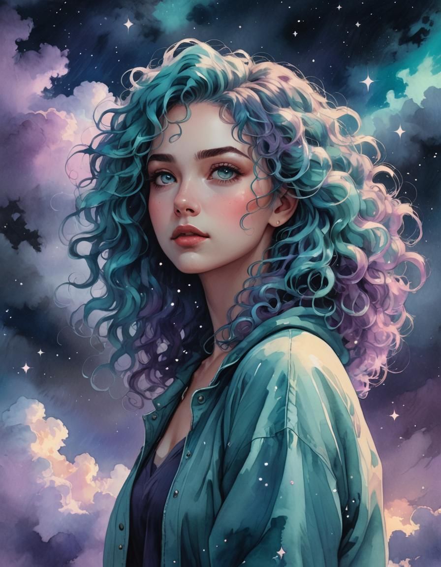 Woman with Teal Hair in Dreamy Watercolor Sky