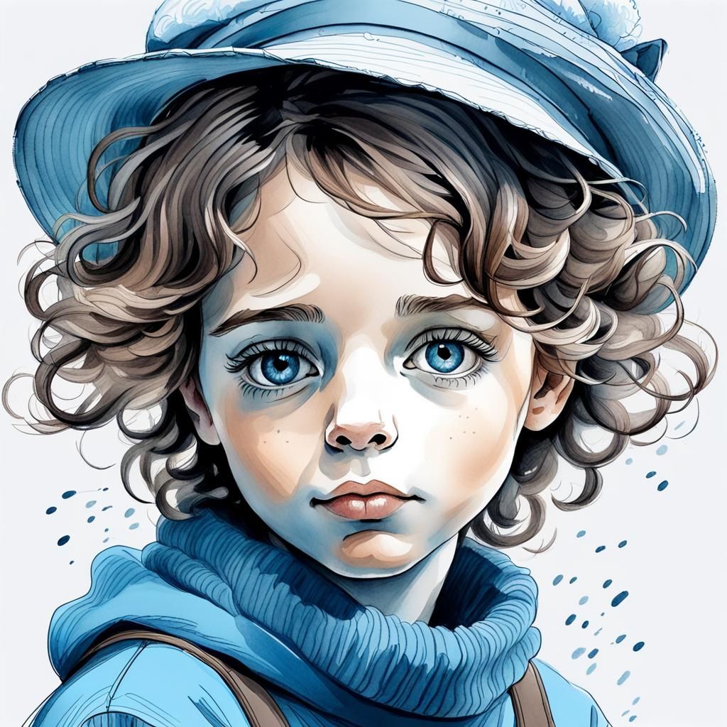 Charming Portrait of Boy in Hat, Pencil Sketch Style