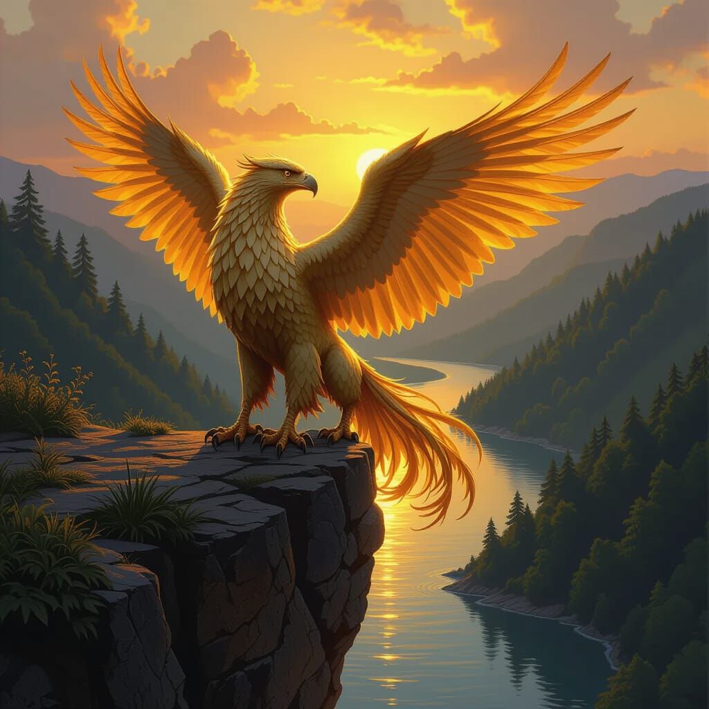 Golden Griffin Overlooking River in Mystical Sunset