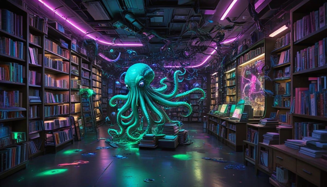 Hilarious Cosmic Library Chaos in Comic-Style Illustration