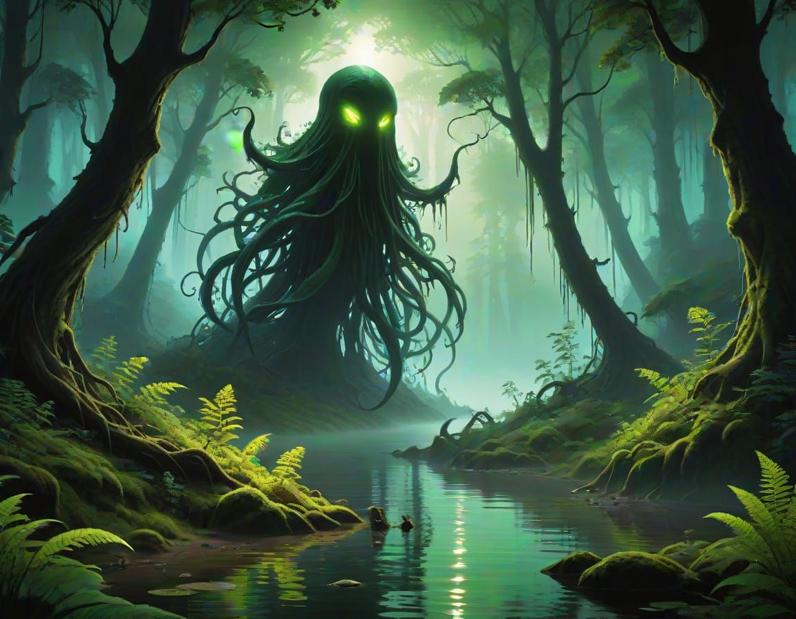 eldritch specters, lushful forest lakeside