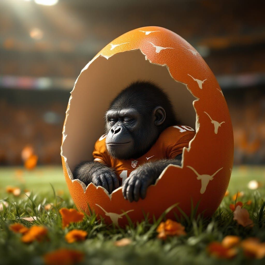 Surreal Scene of a Gorilla in a Burnt Orange Eggshell with T...