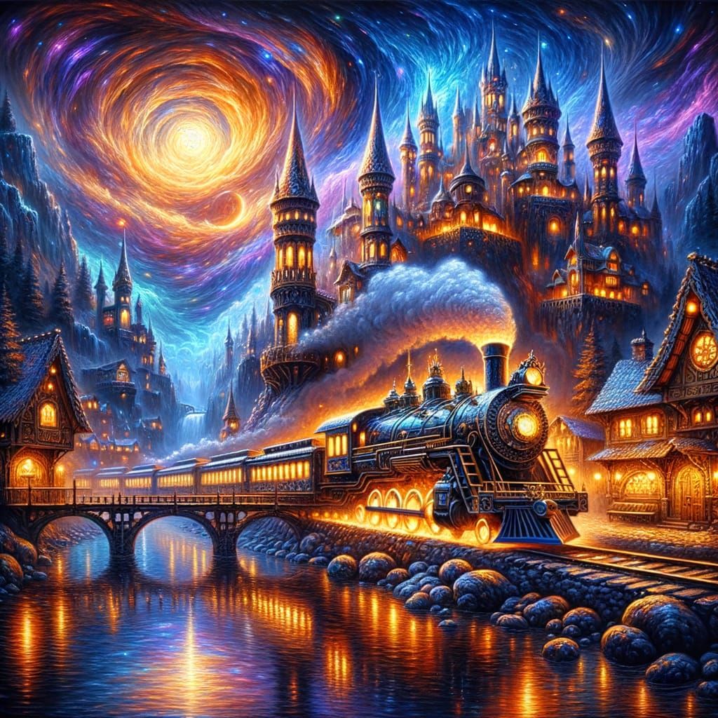 Fantasy Medieval Village with Steam Train at Night