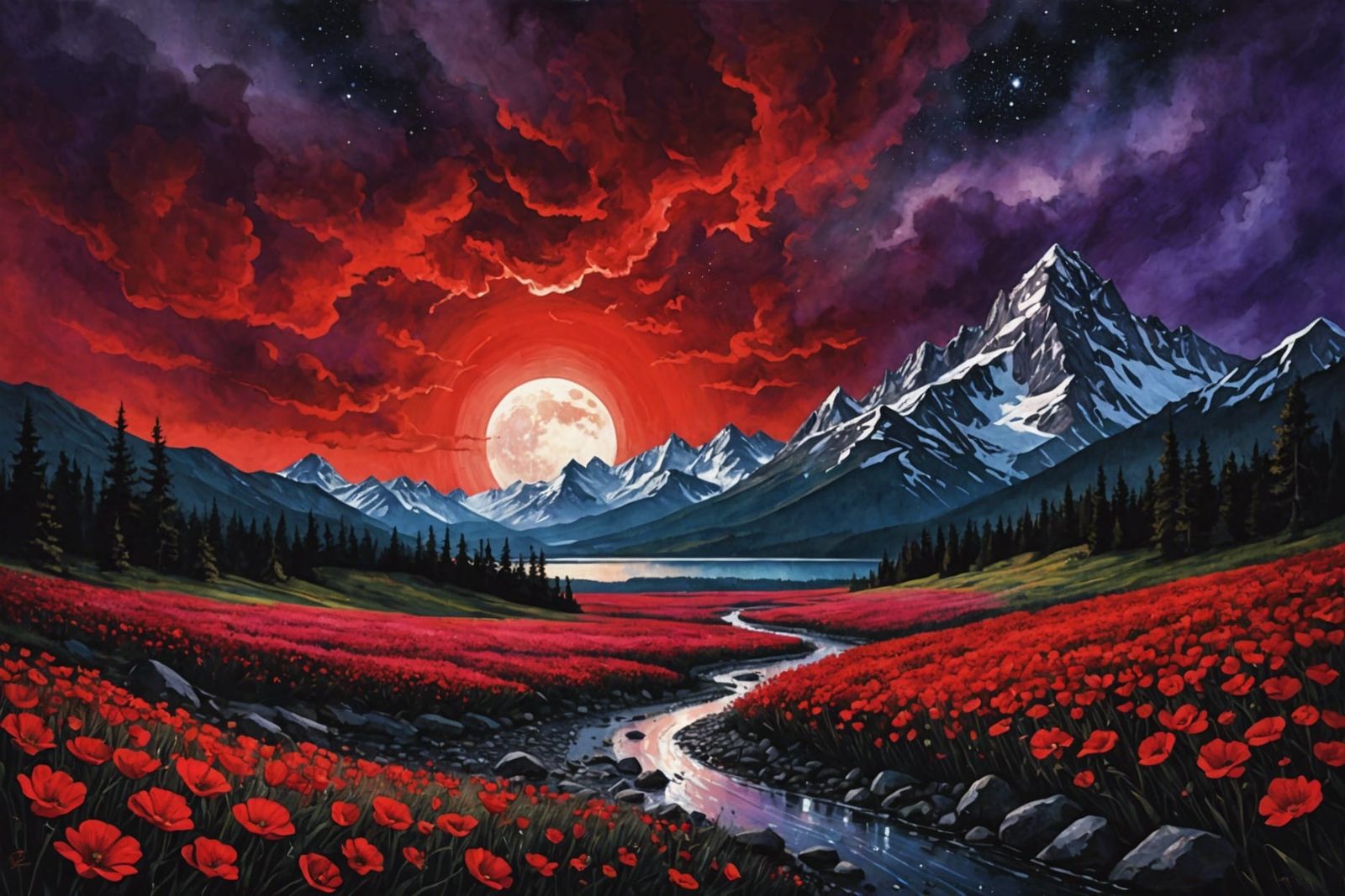 Crimson Landscape with Red Rain: A Digital Masterpiece