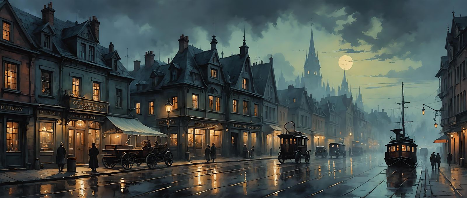 Misty Steampunk Townscape Watercolour Painting