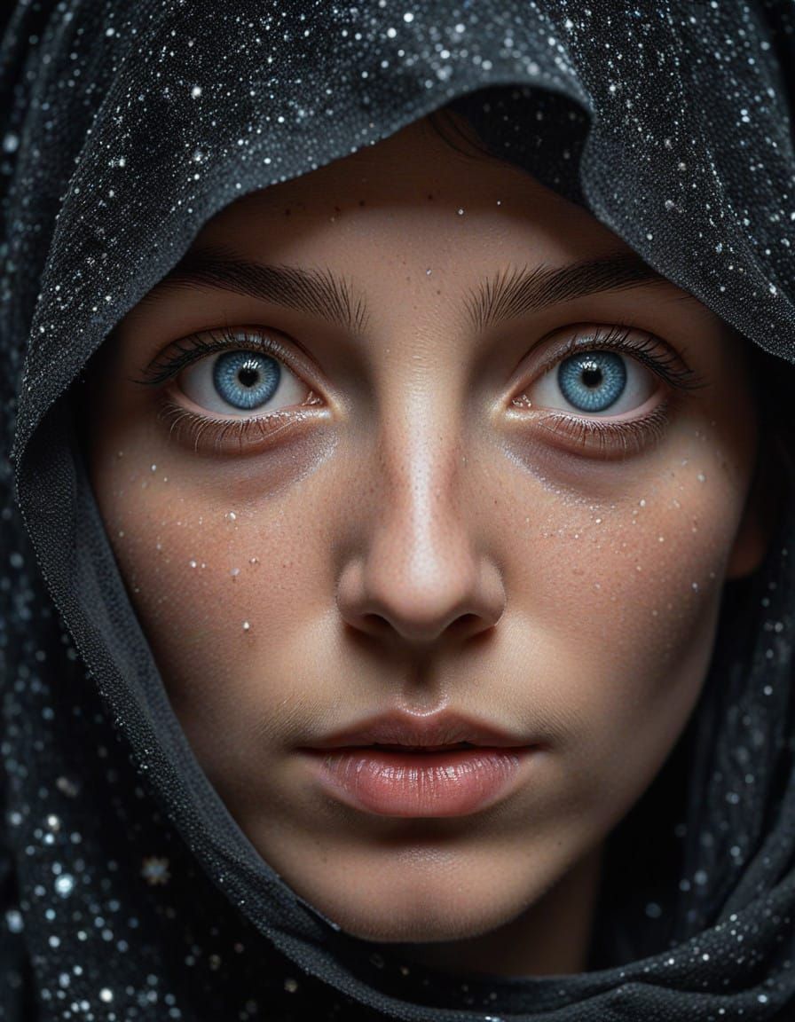 Surreal Hyper-Realistic Portrait Under a Midnight Stellar Ve...
