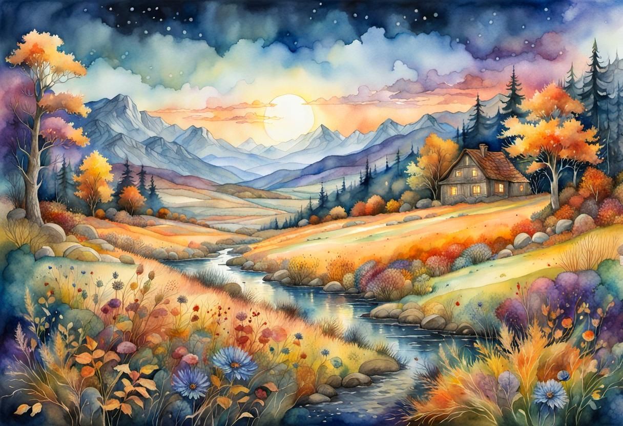 Autumn Meadow Fantasy in Watercolor Style