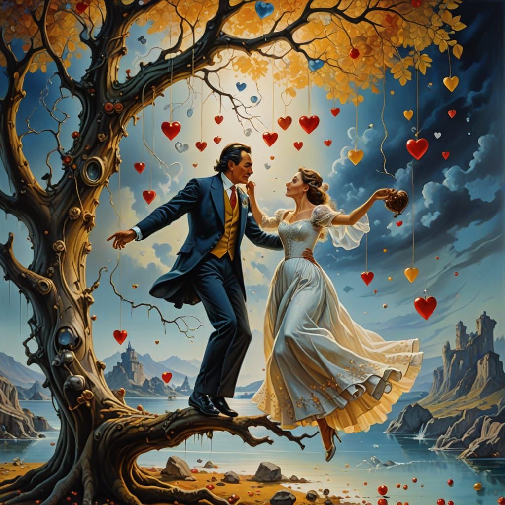 Dreamlike Woman in Wedding Dress Dances on Tree Branch