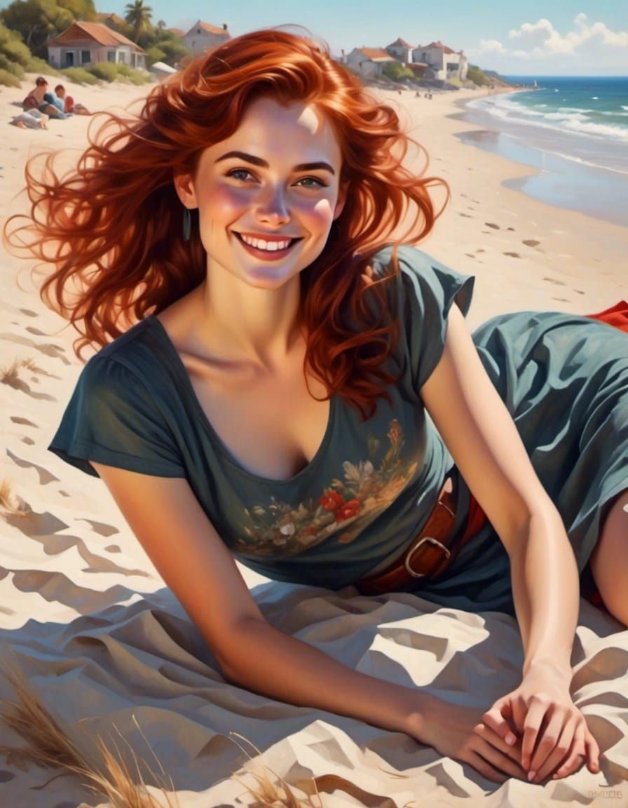 Joyful Woman on Beach in Mystical Style
