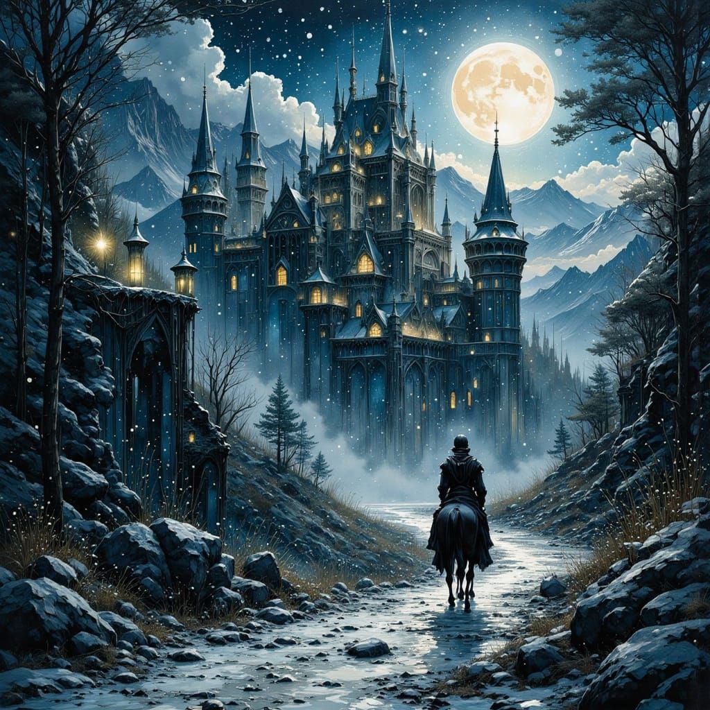 Gothic Knight Rides to Castle in Nouveau Style