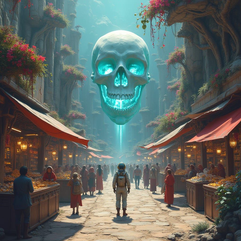 Alien Marketplace with Astronaut in Psychedelic Sci-Fi Style
