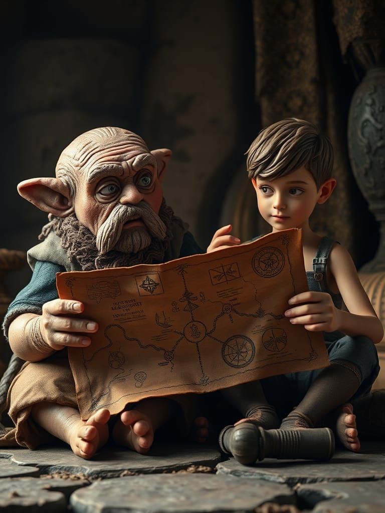 Anthropomorphic Clay Creature Presents Map in Cinematic Styl...