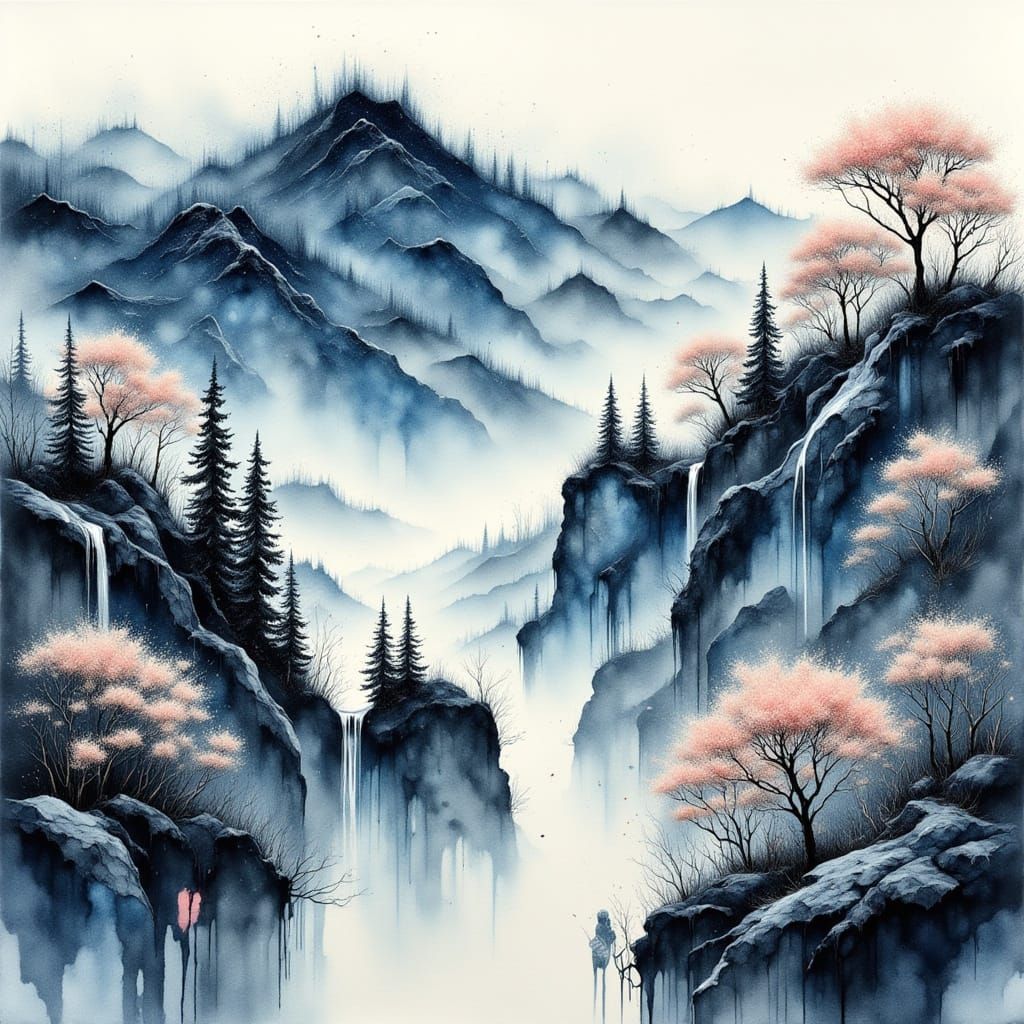 Ethereal Mountain Landscape in Ukiyo-e Style