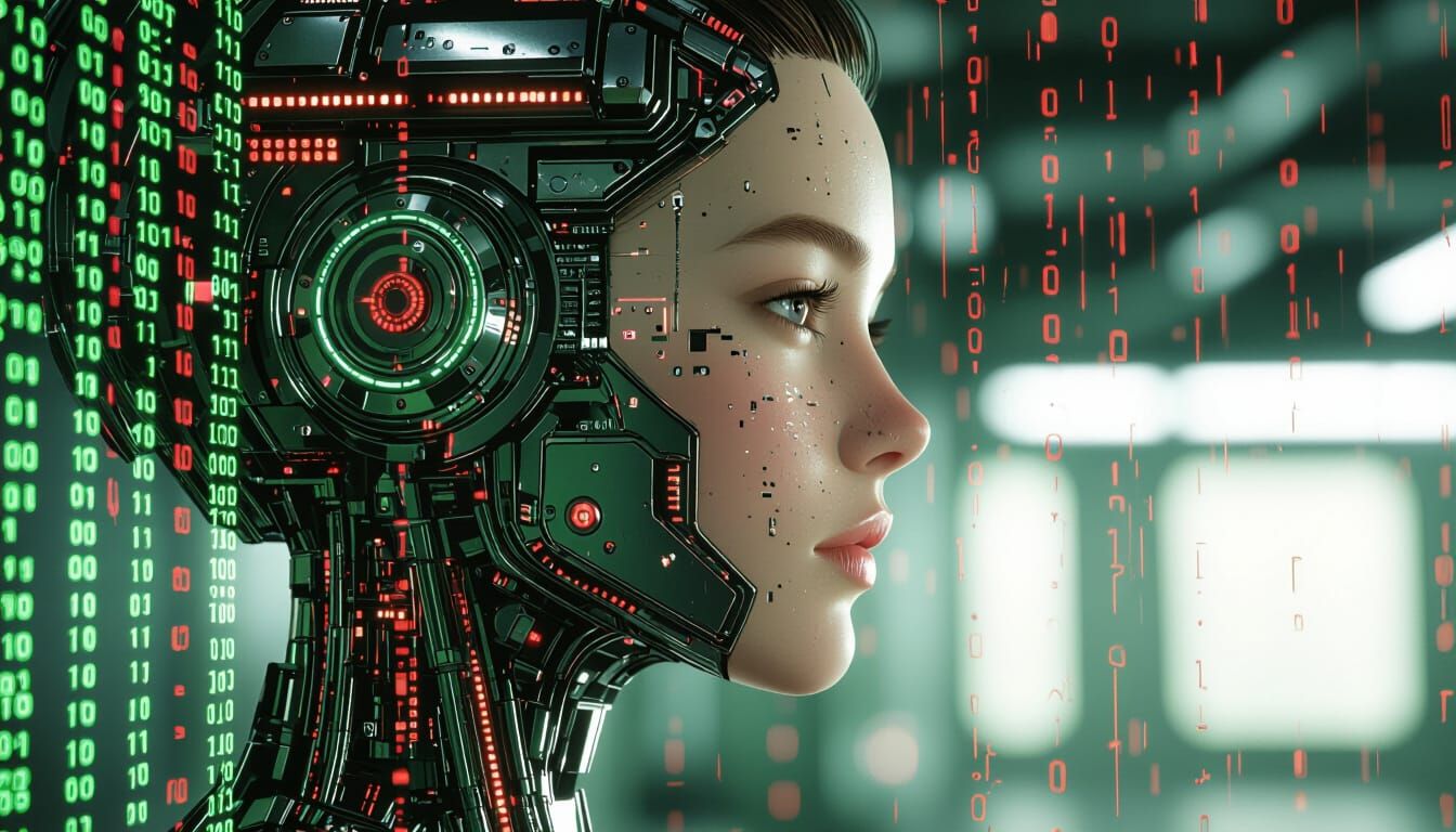 Sci-Fi Woman Profile Fused with Machine Tools