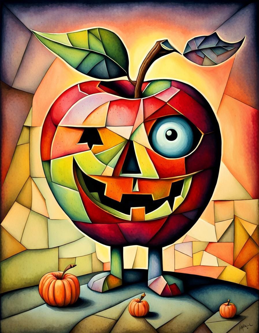 Halloween Zombie Apple in Cubist Aquarelle Style