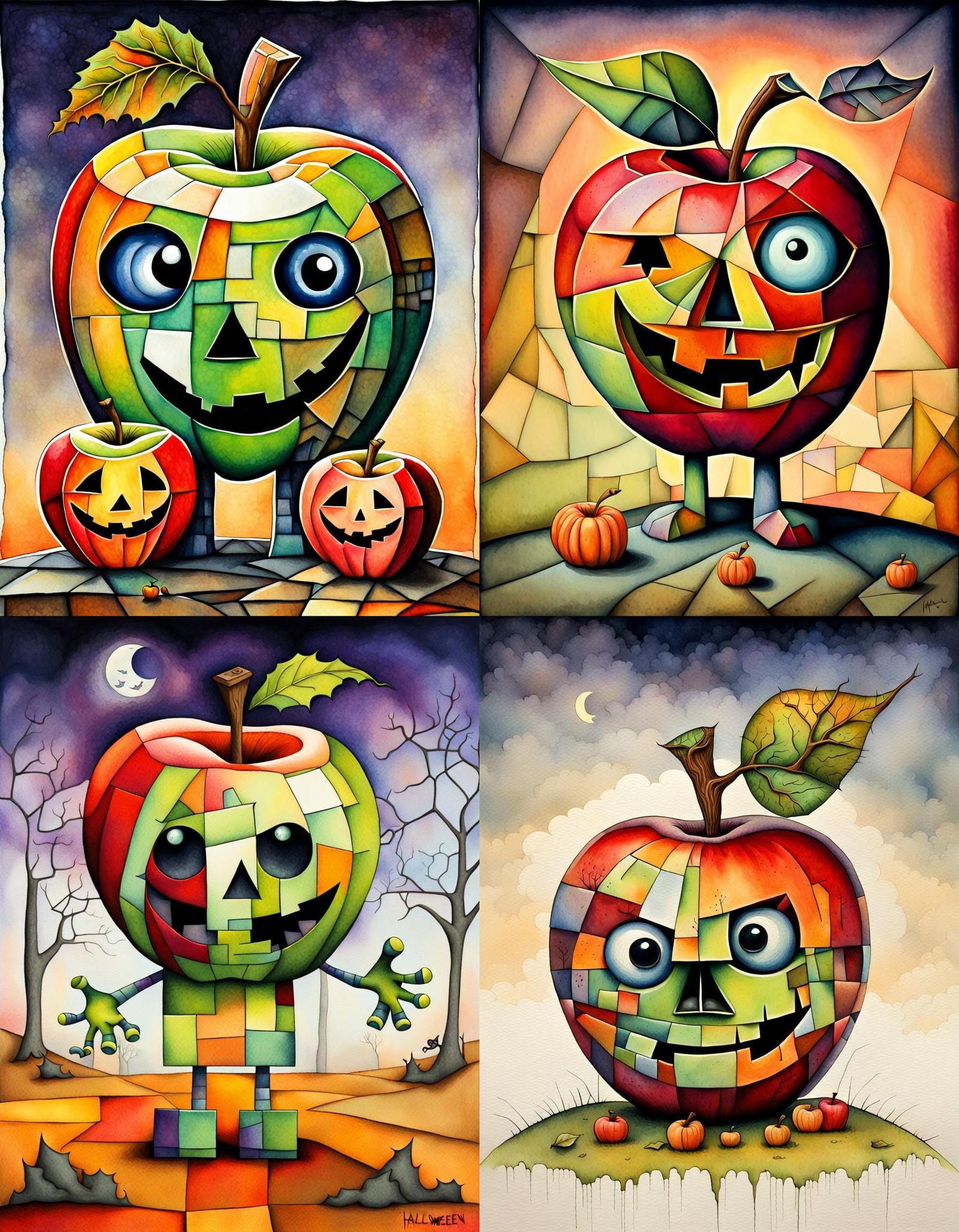 Halloween Apple-Zombie in Cubist Aquarelle Style
