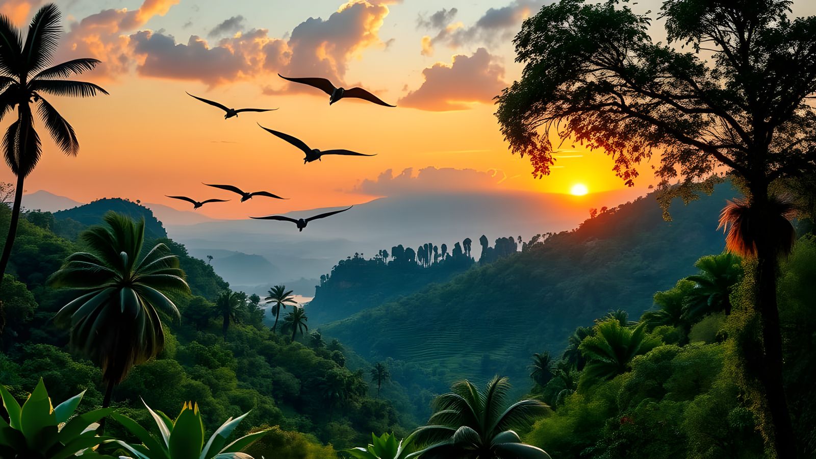 Lush Jurassic Valley at Sunrise with Flying Pterosaurs