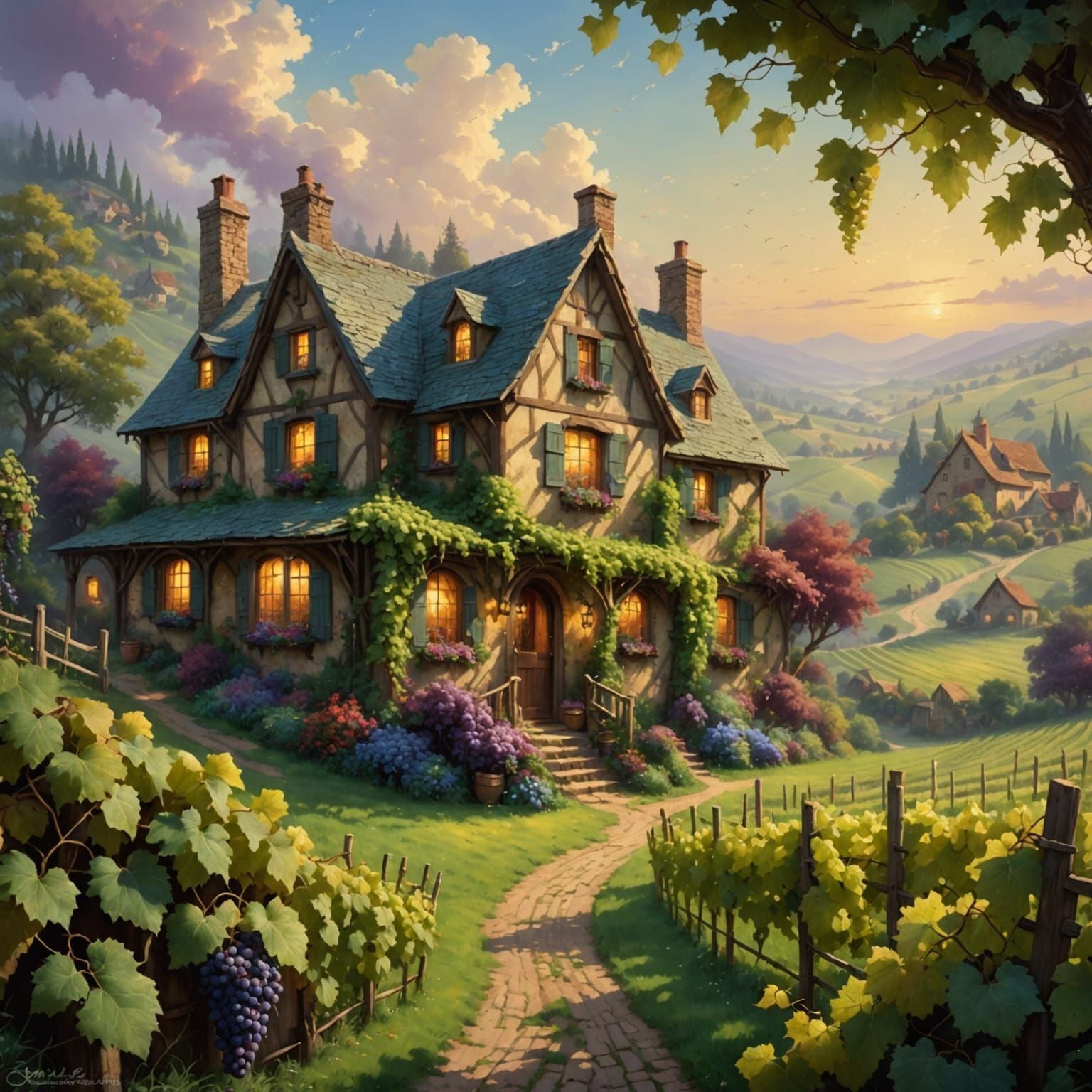 Whimsical Wine Country Cottage Scene in Ethereal Fantasy Sty...