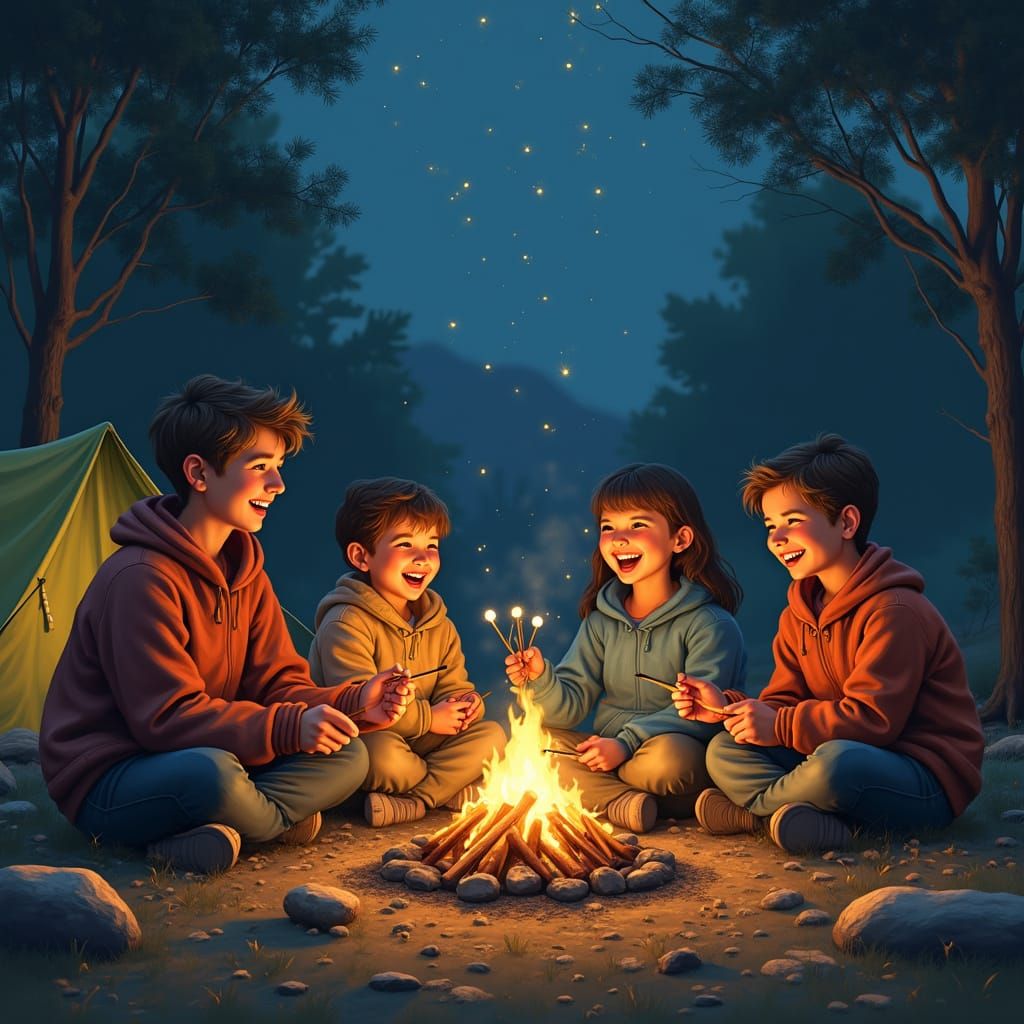 Cozy Campfire Gathering in Whimsical Folk Art Style
