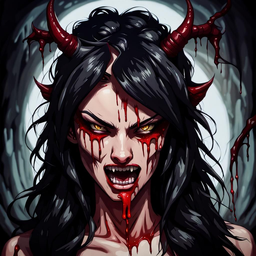 Feral She-Demon with Dripping Fangs